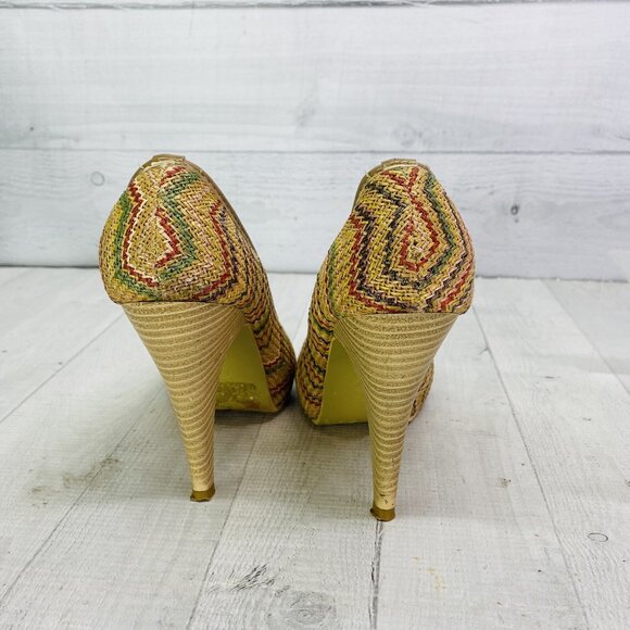 Henry Ferrera GOOD GIRL Beige Chevon Stripe Open Toe Slip On High Heels Size 7 - Picture 6 of 12